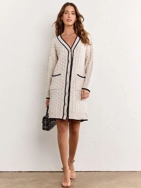 FORE Collections, Longline Contrast Trim Cable Knit Cardigan